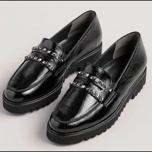 PAUL GREEN BLACK STUDDED PATENT LEATHER LOAFERS
